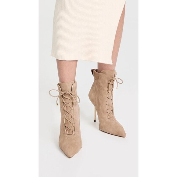 NIB $275 GOOD AMERICAN SCANDAL STONE BEIGE SUEDE STILETTO BOOTS SIZE 12 - Picture 1 of 13